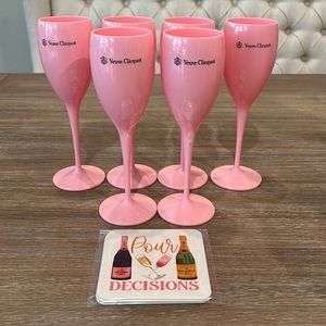6 pink Veuve Clicquot champagne glasses with 4 custom coasters